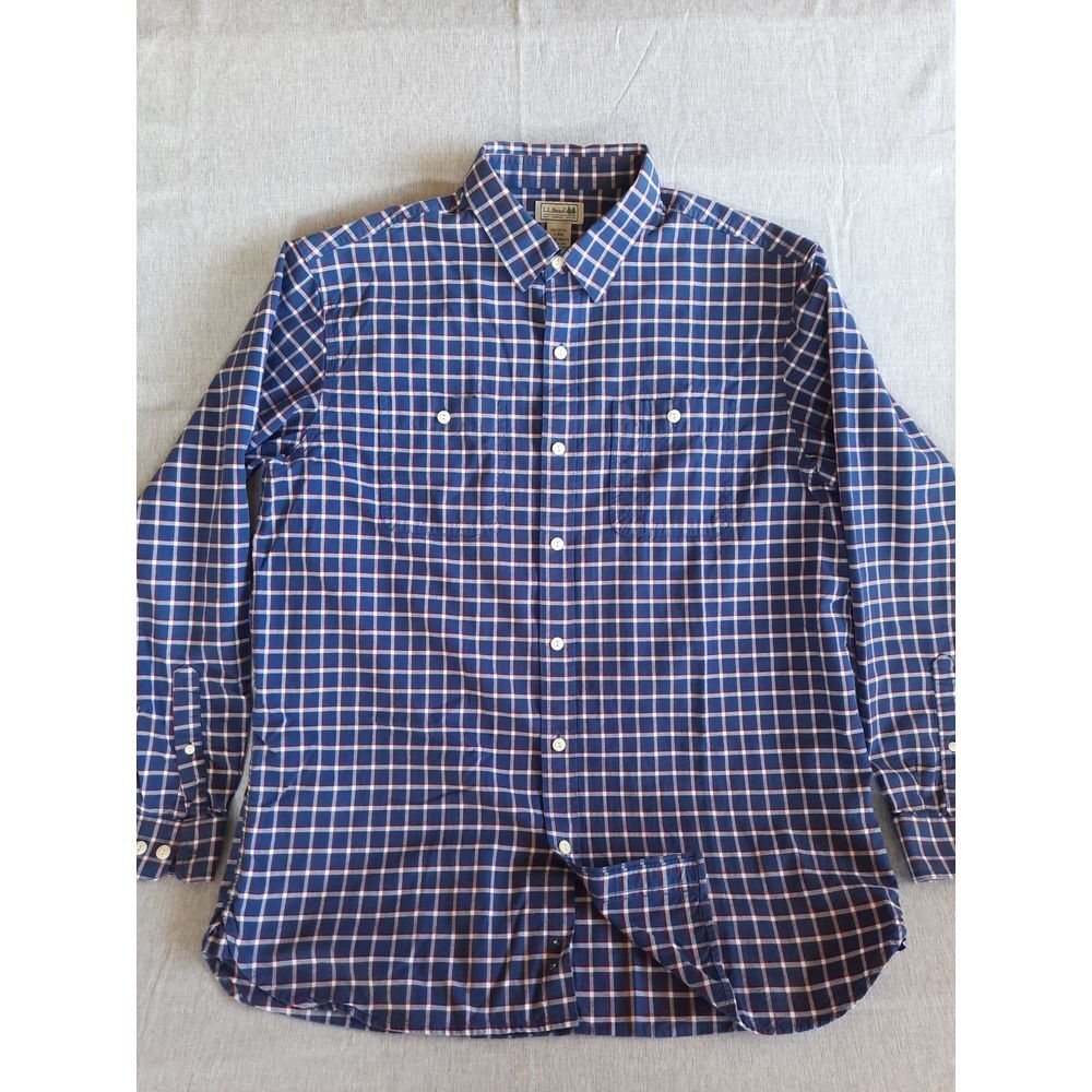 L. L. Bean Men's Large Pure Cotton Blue Plaid Longsleeve Button-Down‎ Shirt